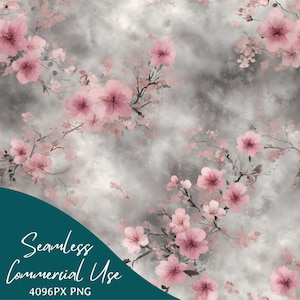 May include: A seamless pattern of pink cherry blossom branches against a grey, cloudy backdrop. The image includes the text "Seamless Commercial Use" and "4096PX PNG".