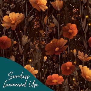 May include: A seamless floral pattern with orange and red stylized flowers set against dark brown foliage. The design includes the text "Seamless Commercial Use" in white script on a teal background.