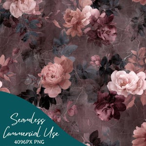 Peut inclure: Motif floral sans couture avec des roses roses, mauves et bordeaux, et des feuilles bleu foncé sur un fond texturé et moucheté. L'image comprend le texte "Seamless Commercial Use" et "4096PX PNG".
