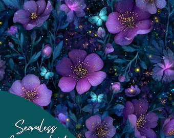 Puede incluir: Un patrón sin costuras con vibrantes flores moradas, centros amarillos y mariposas turquesas sobre un fondo azul oscuro. Incluye el texto "Seamless Commercial Use".