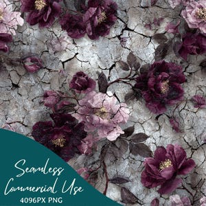 以下が含まれることがあります： ひびの入った灰色の背景に、濃いバーガンディと薄紫のバラをあしらったシームレスなフローラルパターン。デザインには、濃い葉と、ティール色のバナーに「Seamless Commercial Use」と「4096PX PNG」の文字が含まれています。