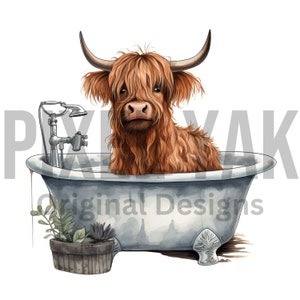 Cute Baby Highland Cow in the Bathtub, Baby Highland Cow In Tub Png, Bathroom Print, Watercolor Cow Art, Highland Cow Photo, Bathroom Prints