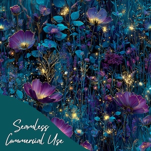May include: A seamless floral pattern with purple and teal flowers and golden highlights on a dark backdrop. The design showcases diverse flower types and foliage, creating a whimsical aesthetic. The image includes the text "Seamless Commercial Use."