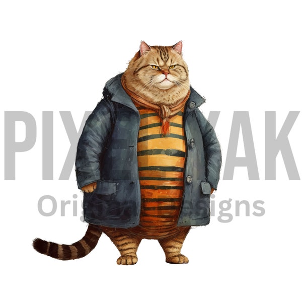 Fat Tabby Cat In Sweater PNG, Funny Cold Weather Cat png, Fat Cat In Sweater SVG, Fat Cat Wearing Coat, Cat In Jacket, Cat With Scarf PNG
