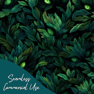 Puede incluir: Patrón sin costuras con un fondo oscuro, que presenta un denso follaje verde y ojos verdes brillantes ocultos. Las hojas muestran diferentes tonos de verde, creando un efecto texturizado. El texto "Seamless Commercial Use" está en escritura blanca.