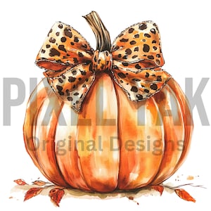 May include: A watercolor illustration of an orange pumpkin with a large brown and black leopard print bow on top. The pumpkin is sitting on a white background with some brown leaves scattered around it.