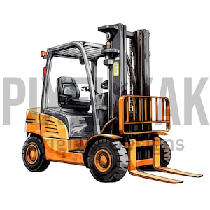 May include: A yellow and black forklift with a black metal cage and forks. The forklift has a black seat and a black steering wheel.