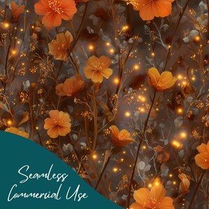 Könnte beinhalten: Ein nahtloses Blumenmuster mit orangefarbenen Blüten und Blättern auf dunklem Hintergrund. Das Design beinhaltet leuchtende Akzente und den Text "Seamless Commercial Use" in Weiß.