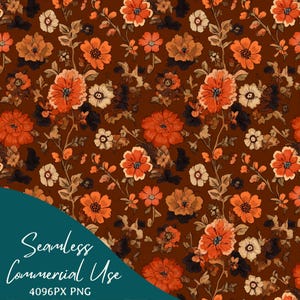 Op de afbeelding: Naadloos bloemenpatroon met oranje en crèmekleurige bloemen, donkerbruine bladeren en stelen op een donkerbruine achtergrond. De tekst "Seamless Commercial Use" is linksonder zichtbaar.