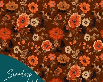 May include: Seamless floral pattern featuring orange and cream flowers with dark brown leaves and stems on a dark brown background. The text "Seamless Commercial Use" is in the lower left corner.