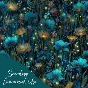 Könnte beinhalten: Ein nahtloses Blumenmuster mit türkis- und goldfarbenen Blumen und leuchtenden Akzenten auf dunklem blauem Hintergrund. Das Design zeigt verschiedene Blumenarten und Blätter. Der Text "Seamless Commercial Use" befindet sich in der unteren linken Ecke.