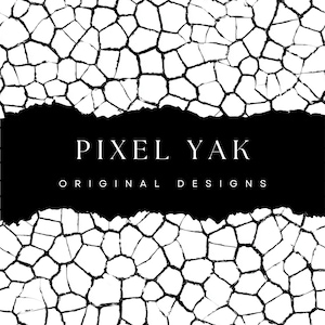 May include: Abstract black and white design with a cracked, mosaic-like pattern. A black banner across the center features the text "PIXEL YAK" above "ORIGINAL DESIGNS" in a clean, sans-serif font.