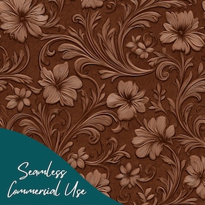 Könnte beinhalten: Nahtloses Muster mit sich wiederholendem Blumendesign in Brauntönen. Das Design umfasst detaillierte Blumen und wirbelnde Blätter, die einen strukturierten, geprägten Effekt erzeugen. Der Text "Seamless Commercial Use" befindet sich unten links.