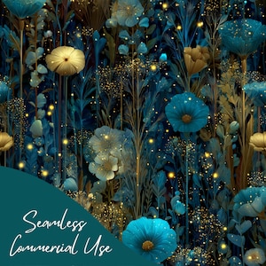 May include: A seamless floral pattern featuring teal and gold flowers against a dark blue background. The design includes various flower types and foliage, with a scattering of small, glowing yellow dots. The text "Seamless Commercial Use" is visible.