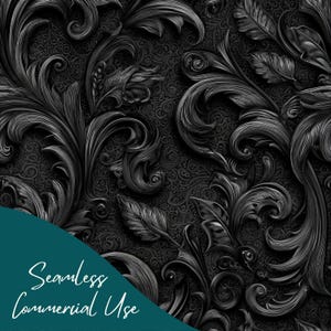 Könnte beinhalten: Nahtloses schwarz-graues Muster mit kunstvollen, wirbelnden Blumen- und Blattmotiven. Der Hintergrund hat ein subtiles, sich wiederholendes Muster. Der Text "Seamless Commercial Use" steht in Weiß auf einem türkisfarbenen Diagonalbanner.