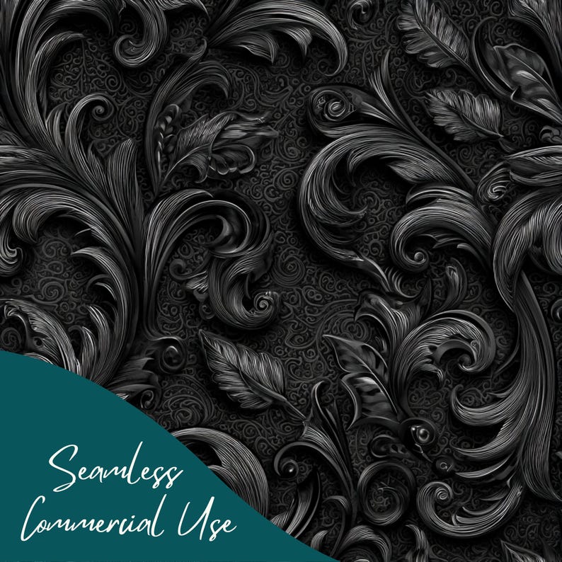 May include: A seamless black and grey pattern featuring detailed, swirling floral and leaf motifs. The background has a delicate, repeating design. The text "Seamless Commercial Use" is in white on a teal diagonal banner.