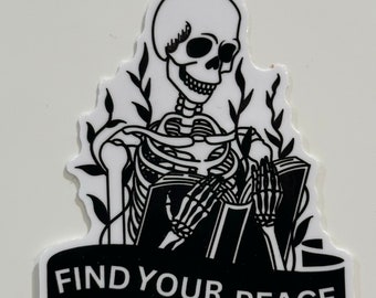 3-Inch Vinyl Decal: Skeleton Reading 'Find Your Peace' Literary Skeleton Wellbeing Self Care