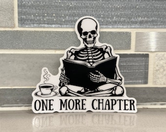 Skeleton Reading Coffee Sticker: 'One More Chapter' Clear Vinyl