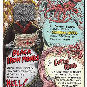 May include: A comic illustration titled "Oleander's Believe It or Else!" features a figure with a block head, a red squid, and text. The text includes "Black Iron Monks" and "The Lotus Head". The illustration is from "The Butcher's Table".