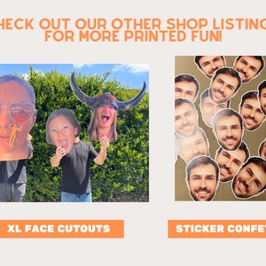 Pu&ograve; includere: L'immagine presenta ritagli di volti XL e coriandoli adesivi. I ritagli mostrano persone con espressioni esagerate e i coriandoli sono costituiti da facce sorridenti. Il testo in alto recita "CHECK OUT OUR OTHER SHOP LISTINGS FOR MORE PRINTED FUN!"