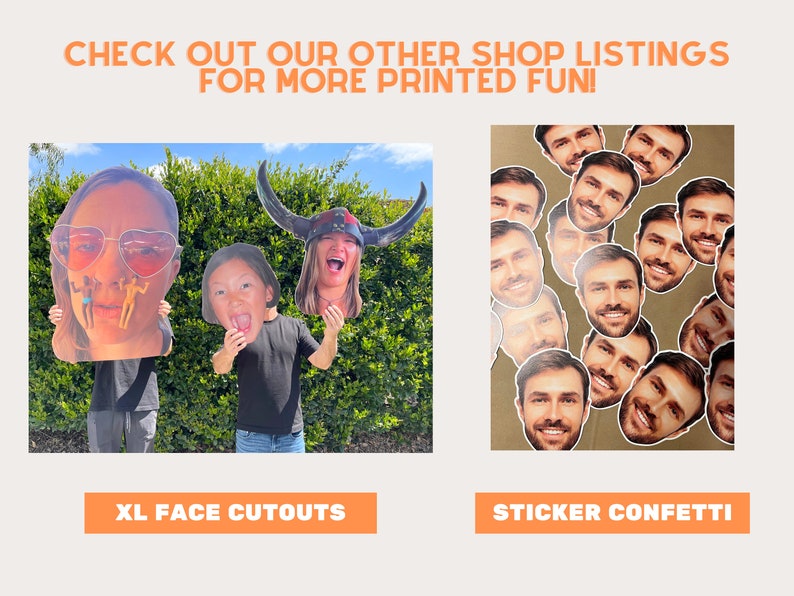 Pu&ograve; includere: L'immagine presenta ritagli di volti XL e coriandoli adesivi. I ritagli mostrano persone con espressioni esagerate e i coriandoli sono costituiti da facce sorridenti. Il testo in alto recita "CHECK OUT OUR OTHER SHOP LISTINGS FOR MORE PRINTED FUN!"
