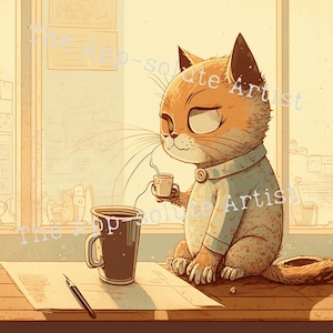 Mid-Century Retro Cat Drinking Coffee | Printable Digital Art Print
