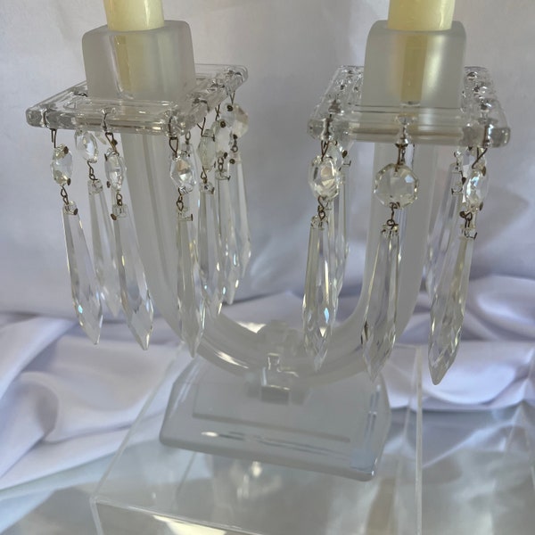 Pair of New Era Frosted Candelabras,  Each with 2 Bobéches (glass collars) & 20 Prisms, by Heisey (1934-41), Art Deco