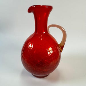 Vintage Orange Red Crackle Glass Pitcher/Vase with Applied Handle