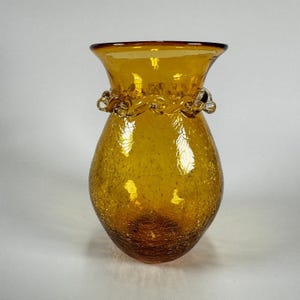 Vintage Amber Crackle Glass Vase with Applied Neck Decoration