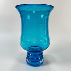 Vintage Blue Seeded Glass Vase / Candle Holder with Beehive Pedestal, Handblown