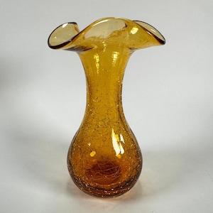 Vintage Amber Crackle Glass Ruffle Top Vase (#836) by Rainbow