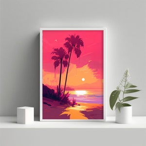 Beach Printable Wall Art | Tropical Sunrise Wall Decor | Beach Palm Tree Landscape Painting | Digital Download