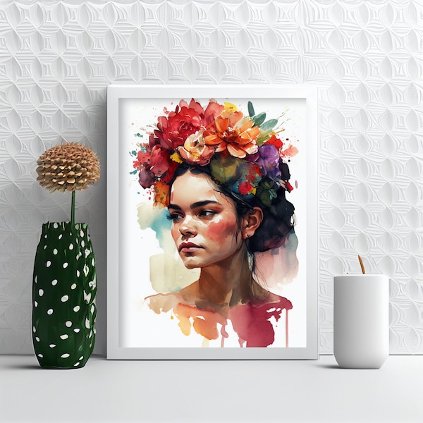 Mexican Woman with a Flower Crown Printable Wall Art | Elegant Watercolor Portrait | Beautiful Gift Idea | Digital Download