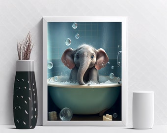 Cute Baby Elephant in Bath Tub Printable Wall Art | Elephant Wall Art | Bathroom Art Print | Digital Download