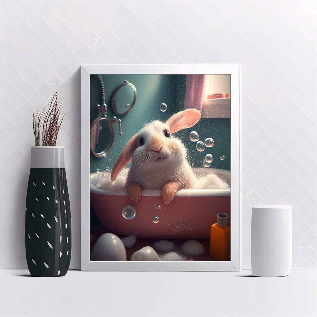Cute Rabbit in Bath Tub Printable Wall Art Rabbit Wall Art Bathroom Art