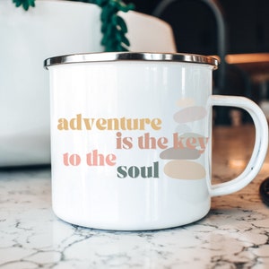 Adventure Outdoors Enamel Camping Coffee Mug, Adventure Is The Key, Glamping Coffee Mug Gift for Nature Lover, Vintage Mountain Hippy Mug
