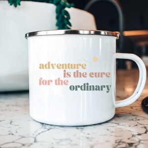 Adventure Outdoors Enamel Camping Coffee Mug, Adventure Is The Cure, Glamping Coffee Mug Gift for Nature Lover, Vintage Mountain Hippy Mug