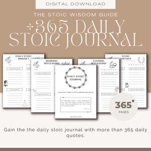 Könnte beinhalten: Ein digitaler Download für ein tägliches stoisches Tagebuch mit über 365 Seiten. Das Tagebuch enthält tägliche Zitate, Morgen- und Abendreflexionen sowie stoische Tugenden, die es zu praktizieren gilt.