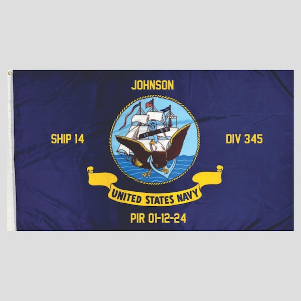 Bandera de la Marina personalizada de 3x5: incluye nombre, fecha PIR, número de barco y número de división.