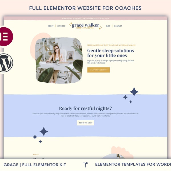 Elementor Template Kit | Sleep Coaching WordPress Website Design, Elementor Theme, Modern Female Entrepreneur Website, Consultant Website