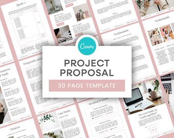 Peut inclure: Un modèle de proposition de projet de 30 pages conçu pour Canva. Le modèle présente un schéma de couleurs rose et blanc avec un design moderne et minimaliste. Le texte "PROPOSITION DE PROJET" est affiché dans une police large et en gras.