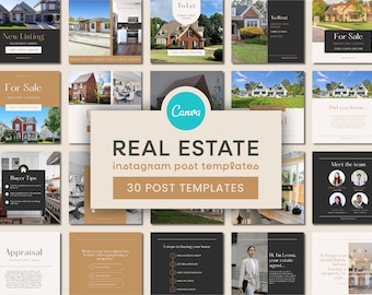 May include: A collection of 30 Instagram post templates for real estate agents. The templates feature a variety of designs, including photos of houses, text, and graphics. The templates are designed to help real estate agents promote their services and connect with potential clients.
