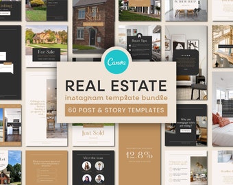 Real Estate Instagram Template Bundle | Realtor Instagram Canva Templates, Black And Gold Real Estate Instagram Feed, Realtor Marketing