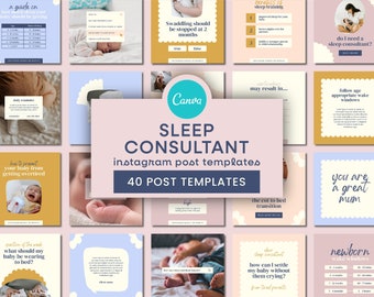 Sleep Consultant Instagram Templates | Sleep Coach Instagram Posts Canva, Pastel Instagram Templates, Baby Nurse Instagram, Canva Templates