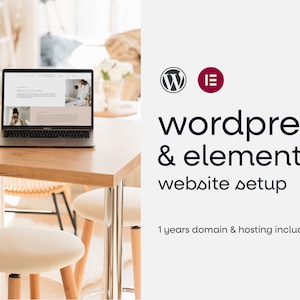 Könnte beinhalten: Ein Laptop mit einem Website-Design steht auf einem Holztisch. Der Bildschirm zeigt eine Website mit dem Text "Hello, I'm April." Das Bild enthält auch die WordPress- und Elementor-Logos mit dem Text "wordpress & elementor website setup."
