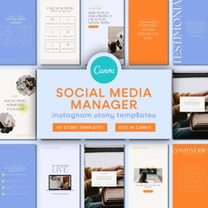 Könnte beinhalten: Eine Sammlung von 40 Instagram-Story-Vorlagen für Social-Media-Manager. Die Vorlagen wurden in Canva entworfen und zeichnen sich durch eine Vielzahl von Farben und Designs aus, darunter Blau, Orange und Weiß. Der Text auf den Vorlagen enthält Sätze wie "Social Media Edition", "Call to Actions", "Content Ideas" und "Level Up Your Social Media".