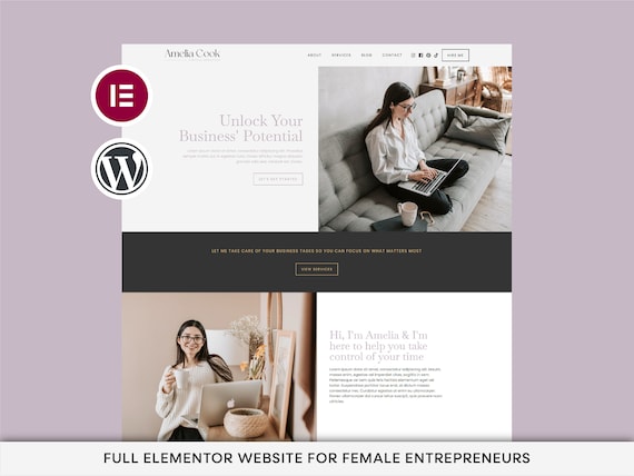 Elementor Template Kit | Virtual Assistant WordPress Website Design, Elementor Theme, Modern Female Entrepreneur Website, Feminine Website