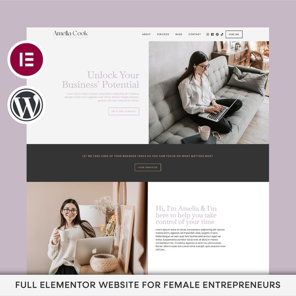 Kit de plantillas Elementor para asistente virtual / Diseño web WordPress, sitio web para negocios de servicios femeninos, plantilla Elementor Pro