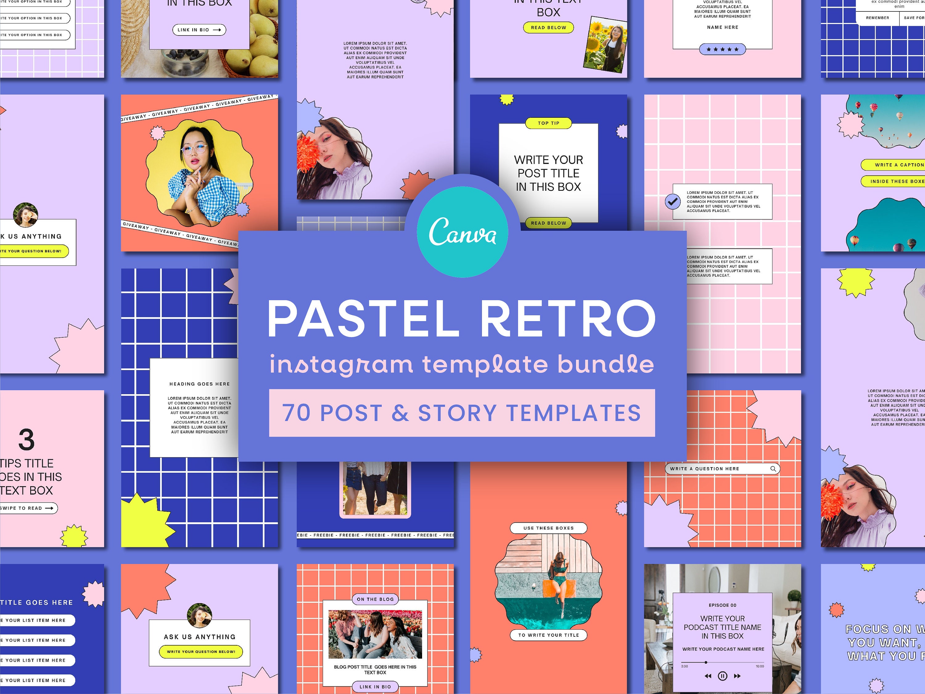 Pastel Retro Instagram Template Bundle | Colourful Instagram Templates, Funky Branding, Bright Instagram Canva, Social Media Templates