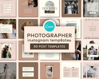 May include: A collection of 50 Instagram post templates for photographers, featuring a variety of designs with a neutral color palette. The templates include text boxes, images, and graphics.